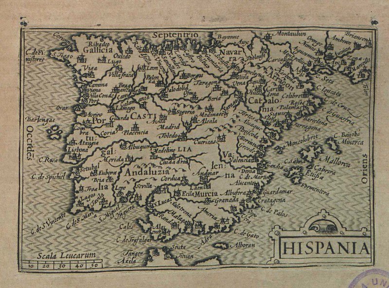 El saqueo romano de oro y plata en Hispania 1 "Hispania (Mapa de la Península Ibérica)" Autor: Linschoten, Jan Huygen van