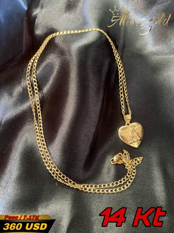 Cadena + dije ángel en corazón oro 14k